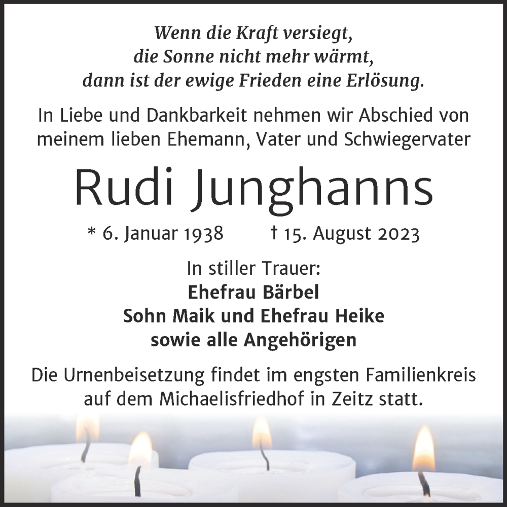  Traueranzeige für Rudi Junghanns vom 26.08.2023 aus Trauerkombi Zeitz