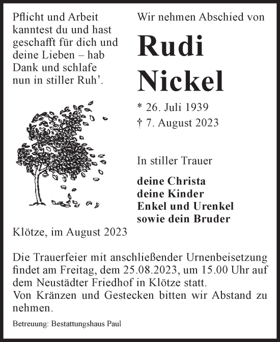Traueranzeige von Rudi Nickel von Volksstimme Altmark West
