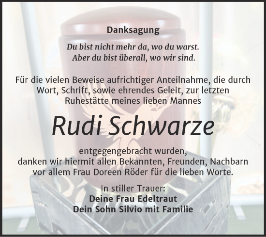 Traueranzeige von Rudi Schwarze von Trauerkombi Weißenfels