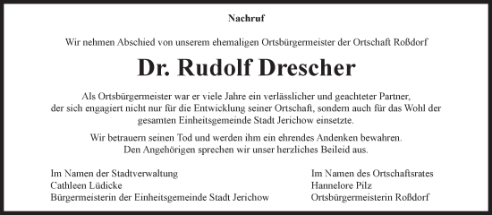 Traueranzeige von Rudolf Drescher von Volksstimme Burg/Genthin