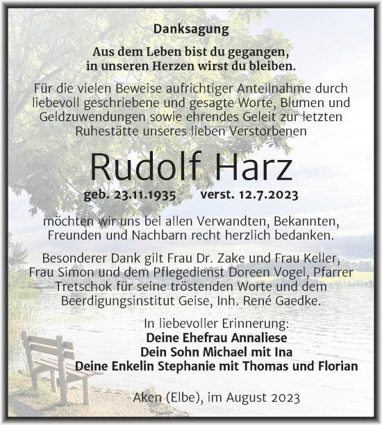 Traueranzeige von Rudolf Harz von Trauerkombi Köthen
