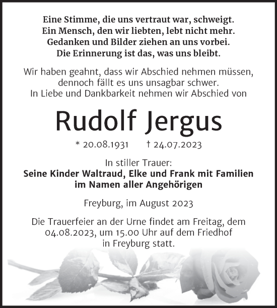 Traueranzeige von Rudolf Jergus von Wochenspiegel Naumburg/Nebra
