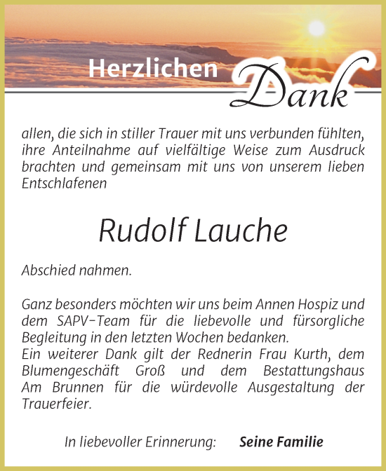 Traueranzeige von Rudolf Lauche von Mitteldeutsche Zeitung Mansfelder Land