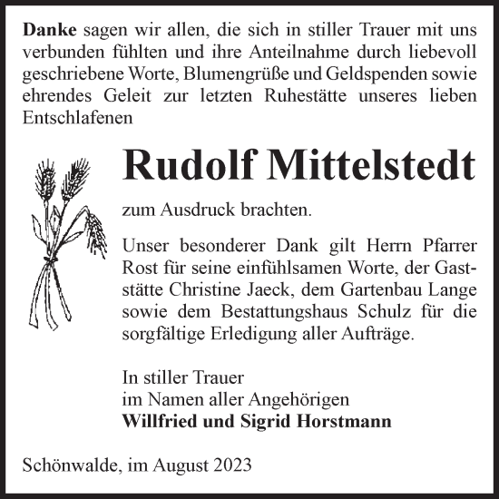 Traueranzeige von Rudolf Mittelstedt von Volksstimme Altmark Ost