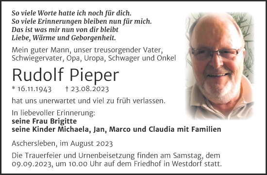 Traueranzeige von Rudolf Pieper von Trauerkombi Aschersleben
