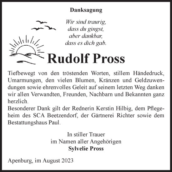 Traueranzeige von Rudolf Pross von Volksstimme Altmark West