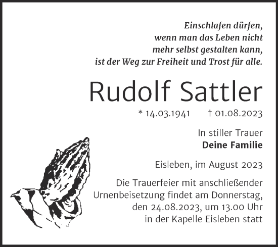 Traueranzeige von Rudolf Sattler von Trauerkombi Mansfelder Land