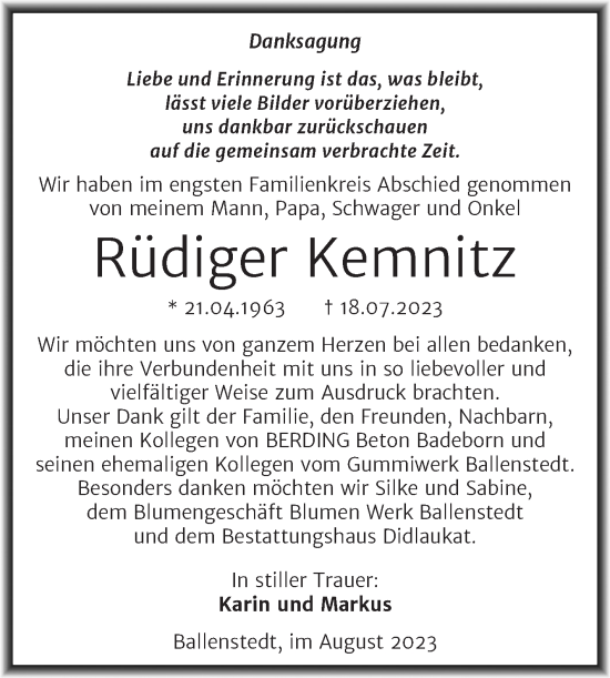 Traueranzeige von Rüdiger Kemnitz von Trauerkombi Quedlinburg