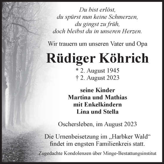 Traueranzeige von Rüdiger Köhrich von Volksstimme Oschersleben/Wanzleben