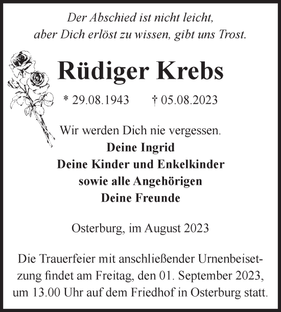 Traueranzeige von Rüdiger Krebs von Volksstimme Altmark Ost