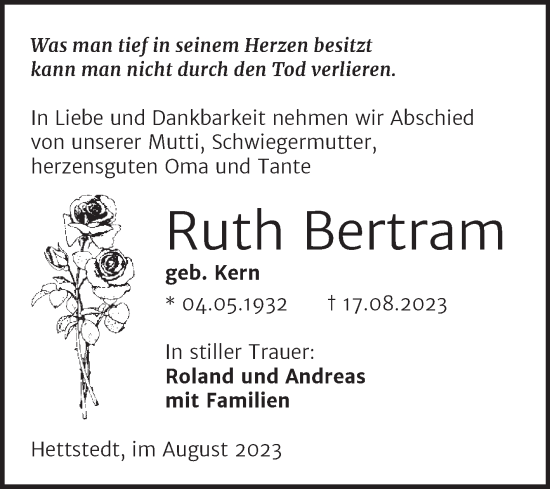 Traueranzeige von Ruth Bertram von Trauerkombi Mansfelder Land