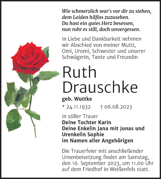 Traueranzeige von Ruth Drauschke von Mitteldeutsche Zeitung Weißenfels