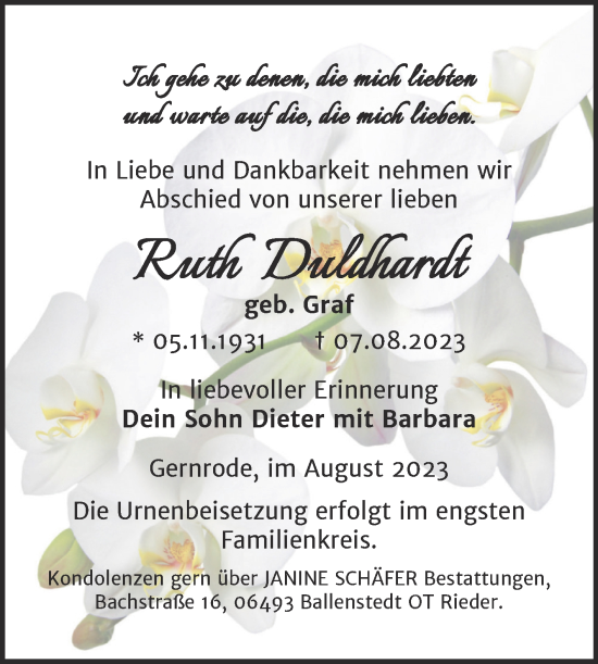 Traueranzeige von Ruth Duldhardt von Trauerkombi Quedlinburg