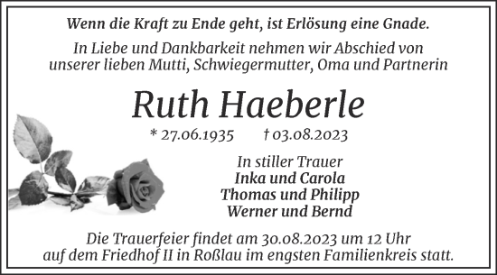 Traueranzeige von Ruth Haeberle von Trauerkombi Dessau