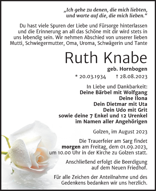 Traueranzeige von Ruth Knabe von Naumburger Tageblatt