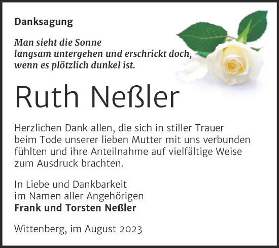 Traueranzeige von Ruth Neßler von Trauerkombi Wittenberg