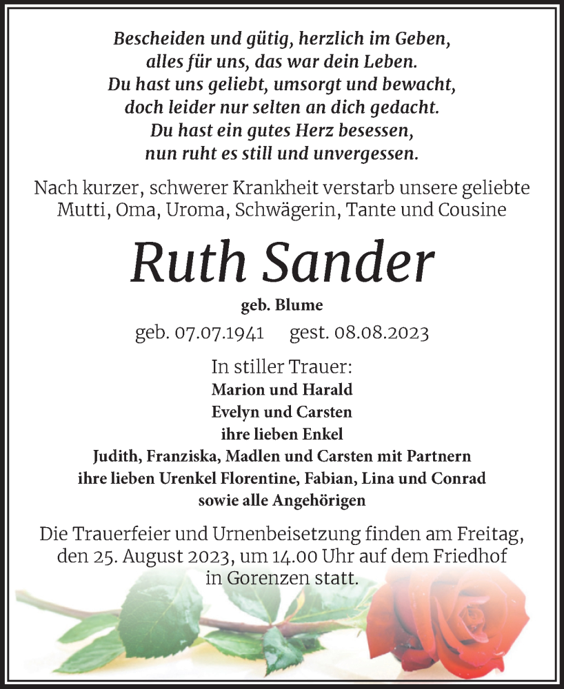  Traueranzeige für Ruth Sander vom 12.08.2023 aus Trauerkombi Mansfelder Land