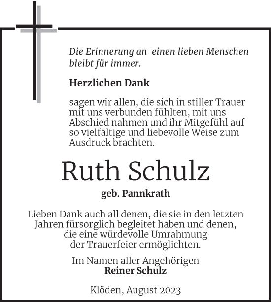 Traueranzeige von Ruth Schulz von Trauerkombi Wittenberg