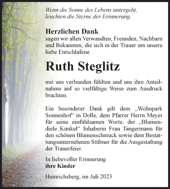 Traueranzeige von Ruth Steglitz von Volksstimme Haldensleben/Wolmirstedt