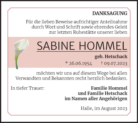 Traueranzeige von Sabine Hommel von Mitteldeutsche Zeitung Halle/Saalkreis