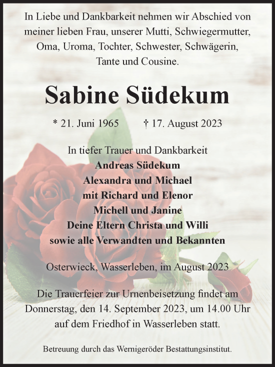 Traueranzeige von Sabine Südekum von Volksstimme Halberstadt