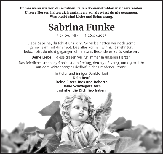 Traueranzeige von Sabrina Funke von Trauerkombi Wittenberg