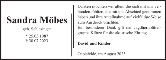 Traueranzeige von Sandra Möbes von Volksstimme Altmark West