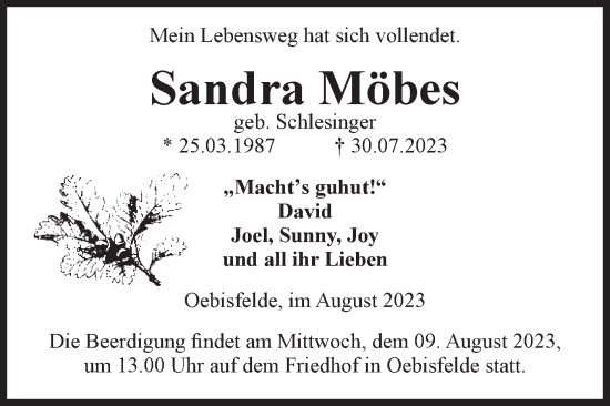 Traueranzeige von Sandra Möbes von Volksstimme Altmark West