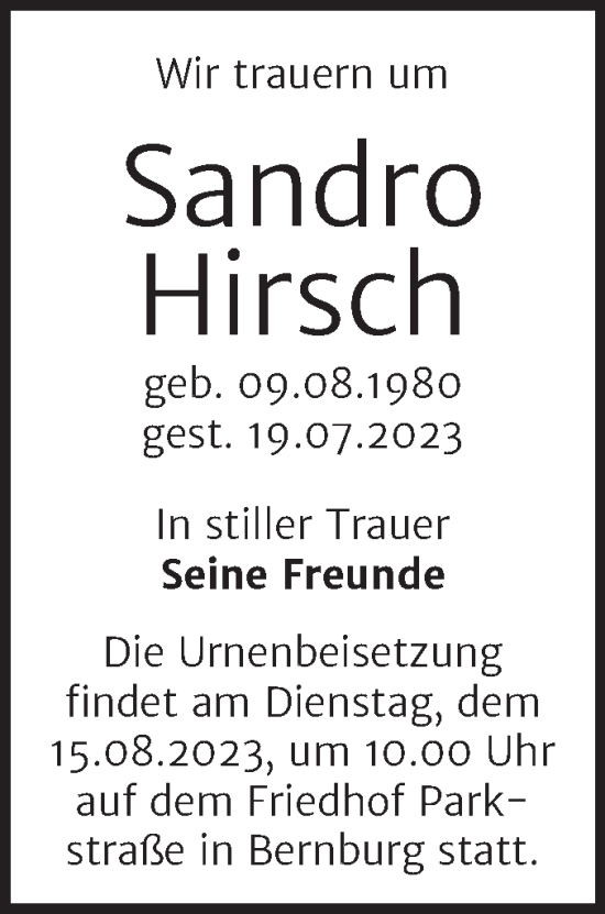 Traueranzeige von Sandro Hirsch von Trauerkombi Bernburg