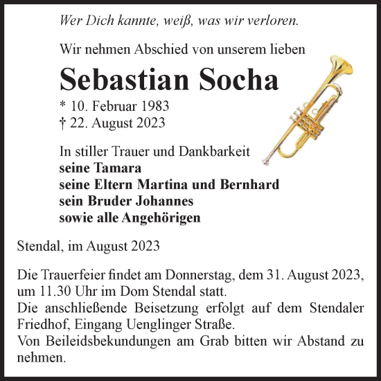 Traueranzeige von Sebastian Socha von Volksstimme Altmark Ost