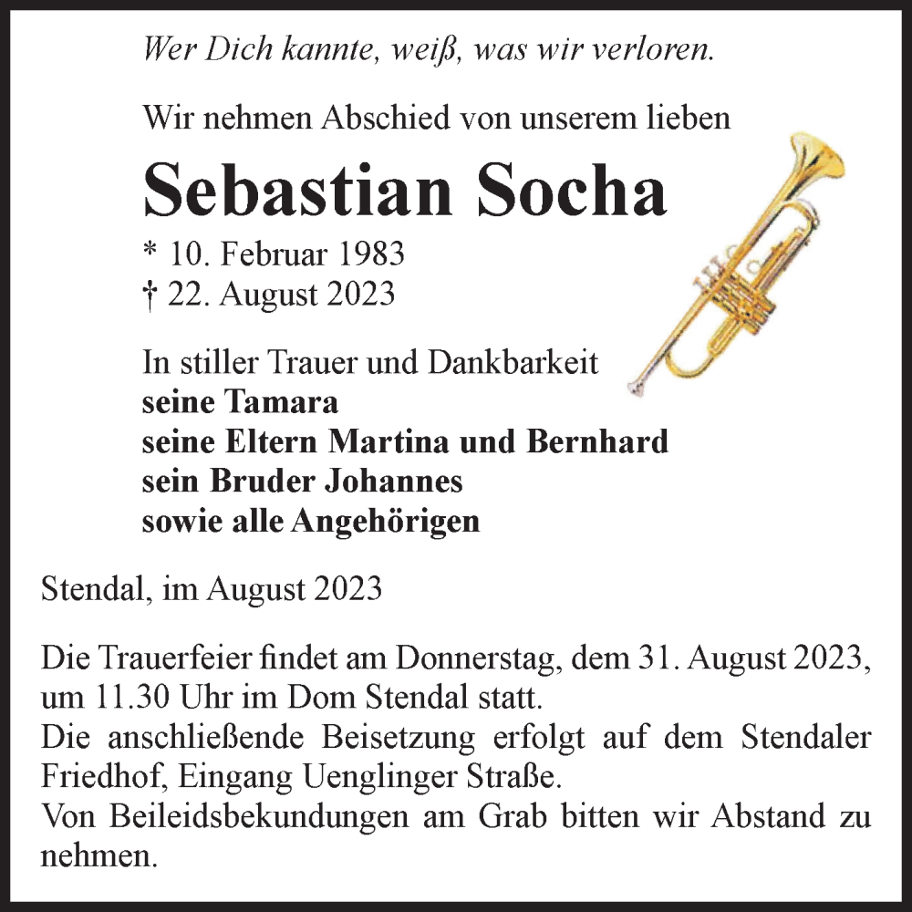  Traueranzeige für Sebastian Socha vom 25.08.2023 aus Volksstimme Altmark Ost