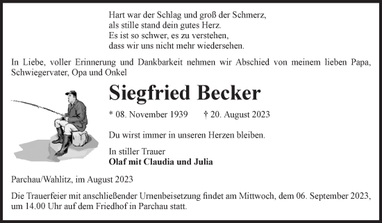 Traueranzeige von Siegfried Becker von Volksstimme Burg/Genthin