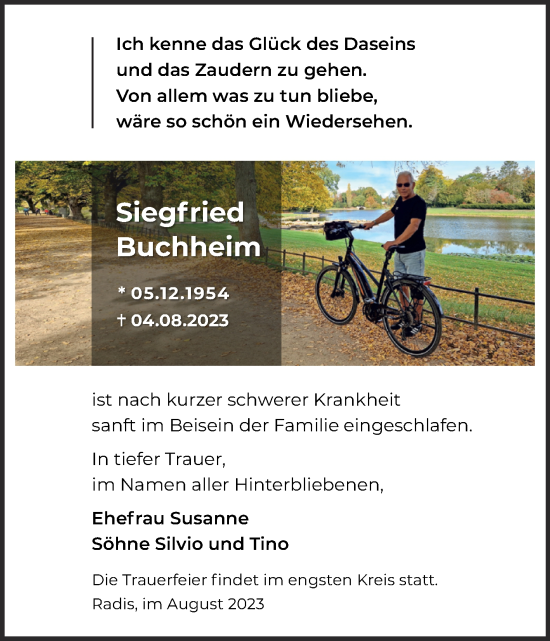 Traueranzeige von Siegfried Buchheim von Trauerkombi Wittenberg