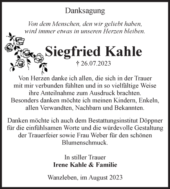 Traueranzeige von Siegfried Kahle von Volksstimme Oschersleben/Wanzleben