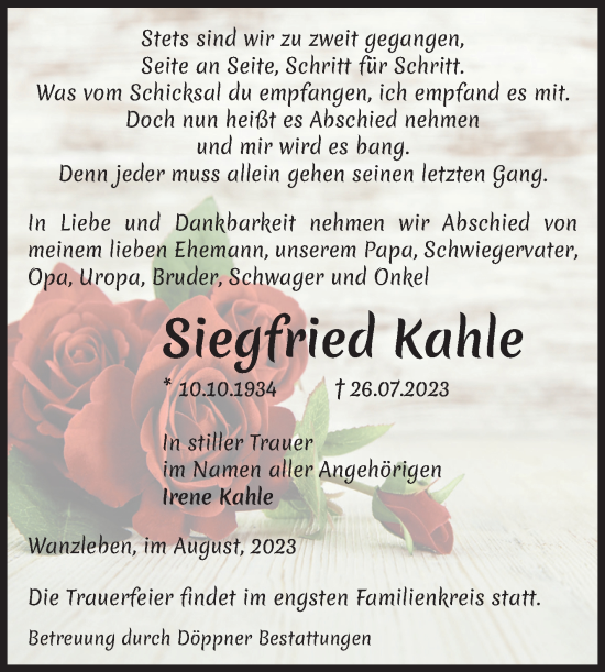 Traueranzeige von Siegfried Kahle von Volksstimme Oschersleben/Wanzleben