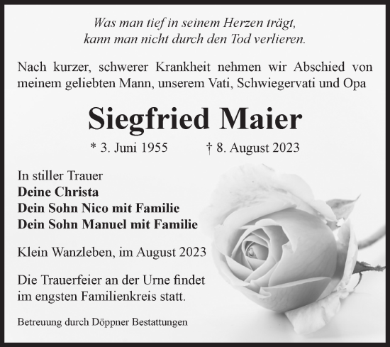 Traueranzeige von Siegfried Maier von Volksstimme Oschersleben/Wanzleben