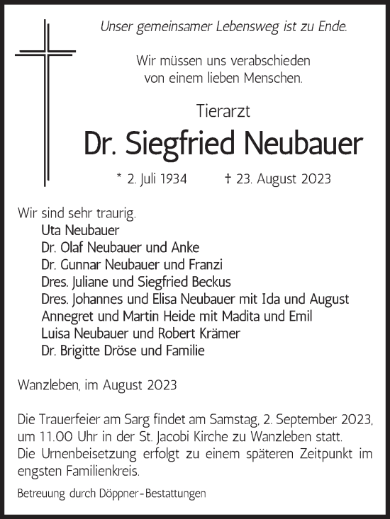 Traueranzeige von Siegfried Neubauer von Volksstimme Oschersleben/Wanzleben