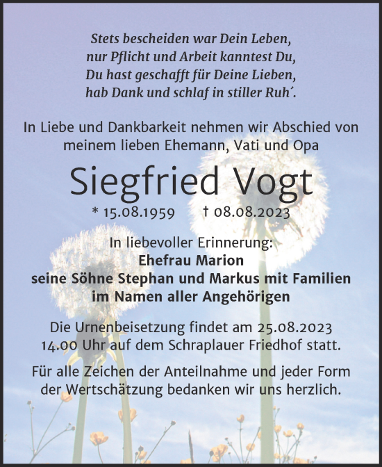 Traueranzeige von Siegfried Vogt von Trauerkombi Merseburg