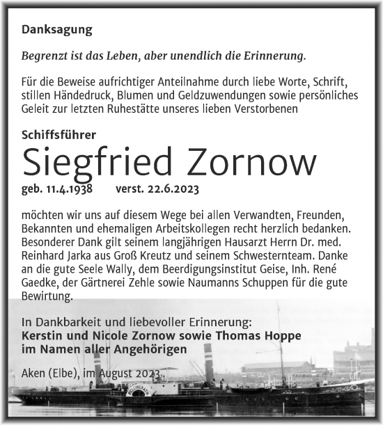 Traueranzeige von Siegfried Zornow von Trauerkombi Köthen