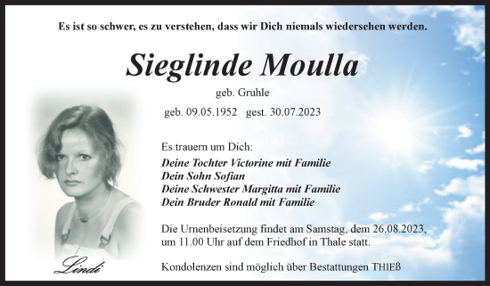 Traueranzeige von Sieglinde Moulla von Trauerkombi Quedlinburg