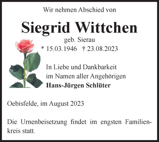 Traueranzeige von Siegrid Wittchen von Volksstimme Altmark West