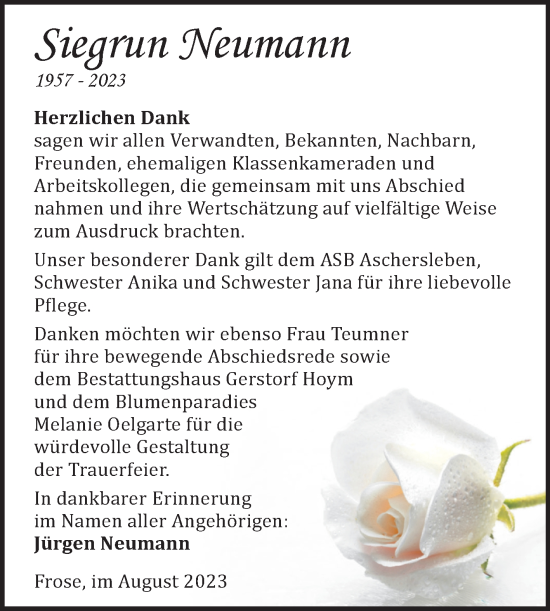 Traueranzeige von Siegrun Neumann von Trauerkombi Aschersleben