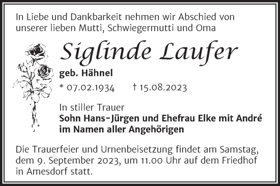Traueranzeige von Siglinde Laufer von Volksstimme Staßfurt