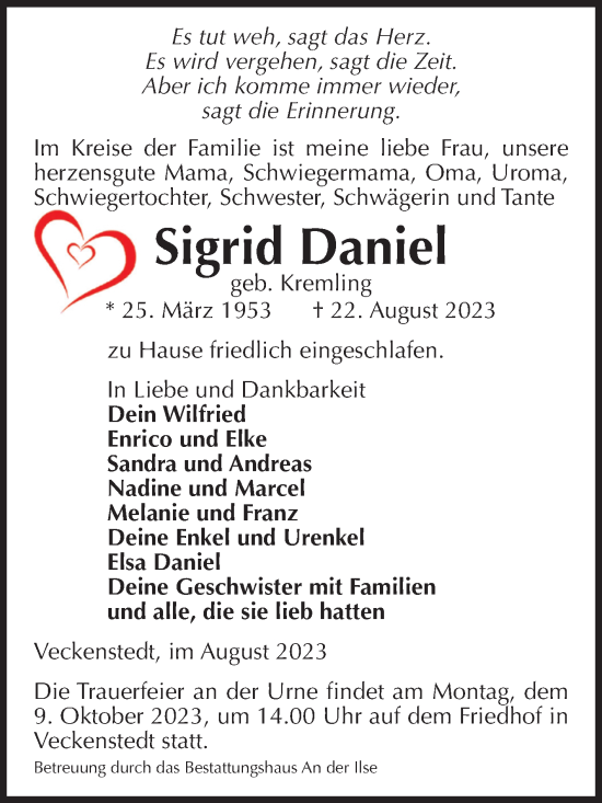 Traueranzeige von Sigrid Daniel von Volksstimme Wernigerode