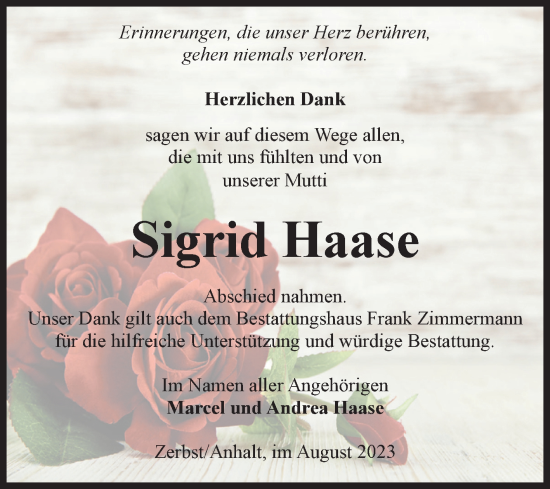 Traueranzeige von Sigrid Haase von Volksstimme Zerbst