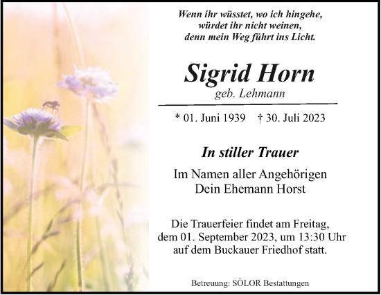 Traueranzeige von Sigrid Horn von Volksstimme Magdeburg