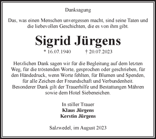 Traueranzeige von Sigrid Jürgens von Volksstimme Altmark West