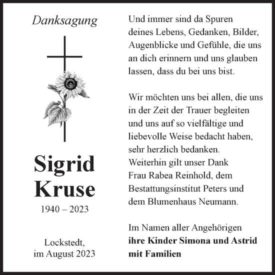 Traueranzeige von Sigrid Kruse von Volksstimme Haldensleben/Wolmirstedt