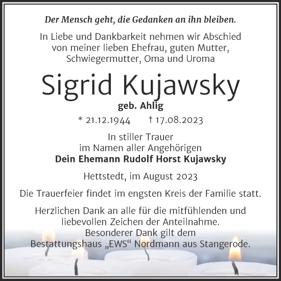 Traueranzeige von Sigrid Kujawsky von Trauerkombi Mansfelder Land