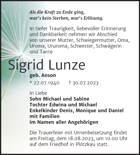 Traueranzeige von Sigrid Lunze von Trauerkombi Bernburg